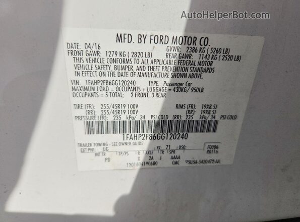 1FAHP2F86GG120240 2016 FORD TAURUS White VIN კოდის სტიკერის ხედი