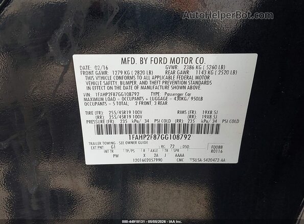 1FAHP2F87GG108792 2016 FORD TAURUS Черный Вид подкапотного пространства