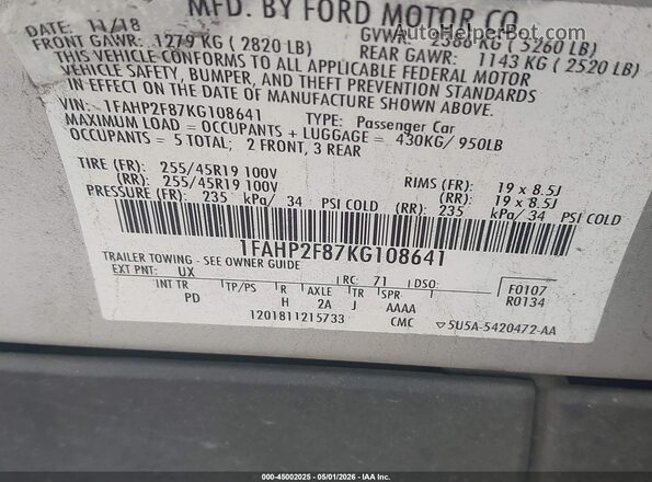 1FAHP2F87KG108641 2019 FORD TAURUS Silver Вид підкапотного простору