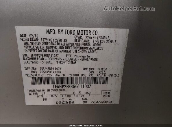 1FAHP2F88GG111037 2016 FORD TAURUS Silver Engine compartment view