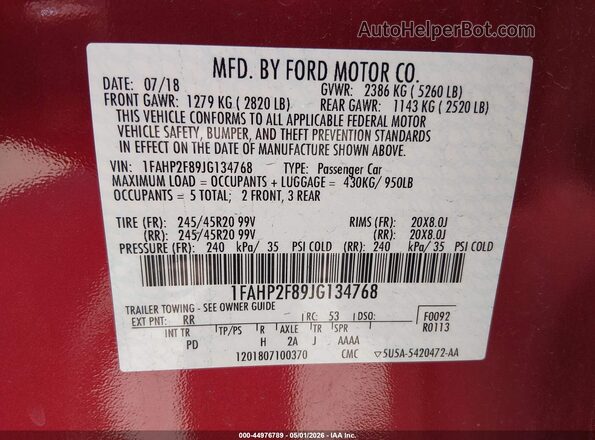 1FAHP2F89JG134768 2018 FORD TAURUS Red Вид підкапотного простору