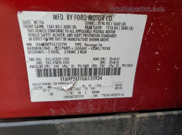 1FAHP2KT1GG135934 2016 FORD TAURUS Red 
