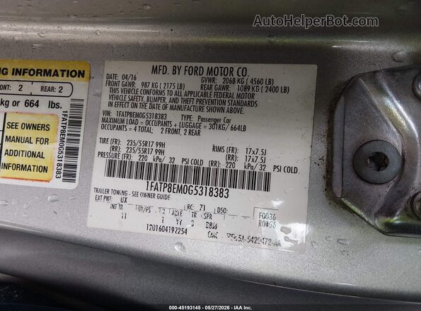 1FATP8EM0G5318383 2016 FORD MUSTANG Silver Engine compartment view