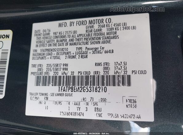 1FATP8EM2G5318210 2016 FORD MUSTANG Gray Շարժիչի բաժամունքի տեսք