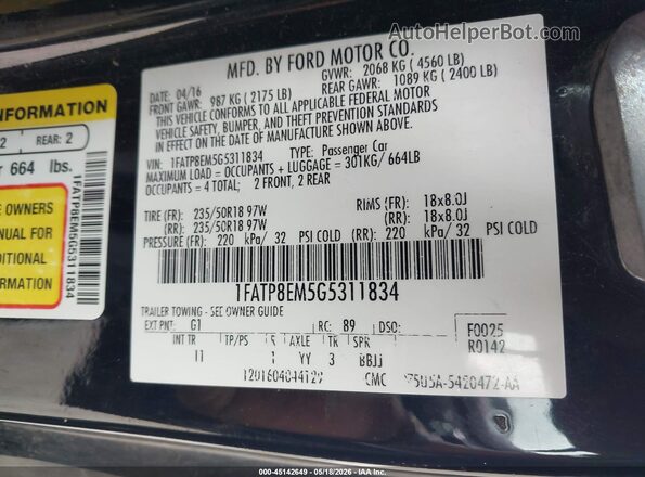 1FATP8EM5G5311834 2016 FORD MUSTANG Black ძრავის განყოფილების ხედი