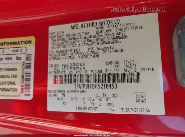 1FATP8FF8H5218453 2017 FORD MUSTANG Red Вид підкапотного простору