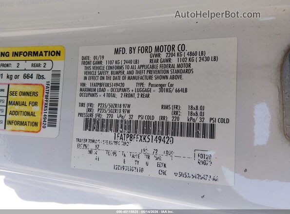 1FATP8FFXK5149420 2019 FORD MUSTANG White Շարժիչի բաժամունքի տեսք