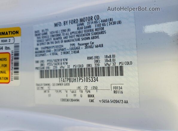 1FATP8UH1P5105334 2023 FORD MUSTANG White 