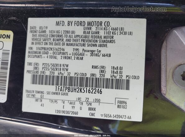 1FATP8UH2K5162246 2019 FORD MUSTANG Black 