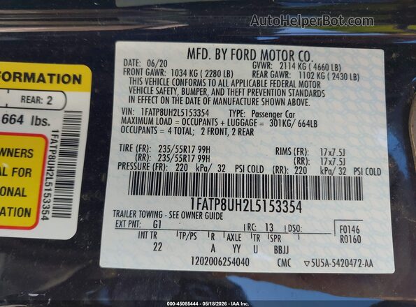 1FATP8UH2L5153354 2020 FORD MUSTANG Black 