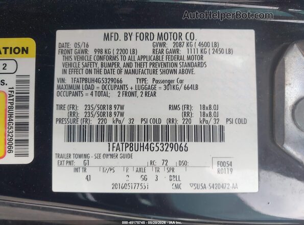 1FATP8UH4G5329066 2016 FORD MUSTANG Черный Вид подкапотного пространства