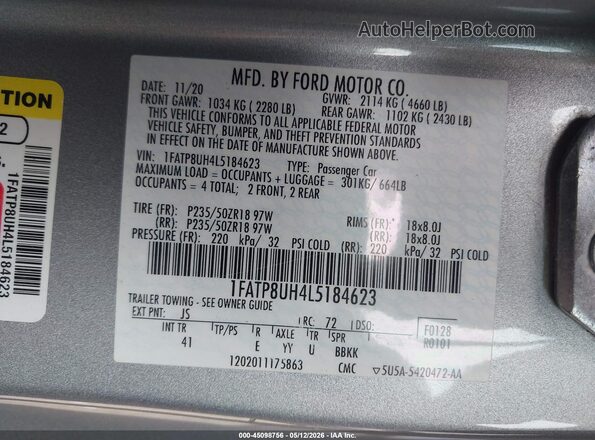 1FATP8UH4L5184623 2020 FORD MUSTANG Silver Vista del compartimento del motor