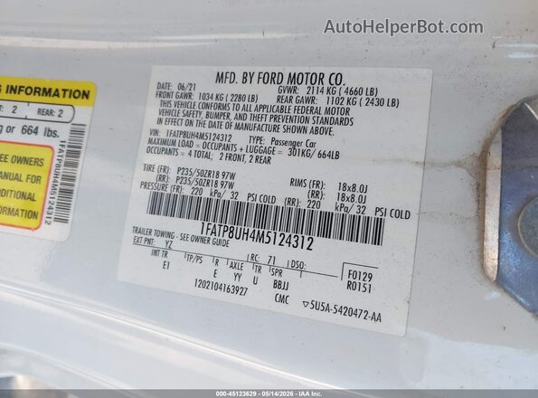 1FATP8UH4M5124312 2021 FORD MUSTANG White 