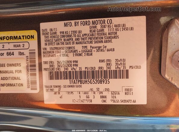 1FATP8UH5G5208935 2016 FORD MUSTANG Серый Вид подкапотного пространства