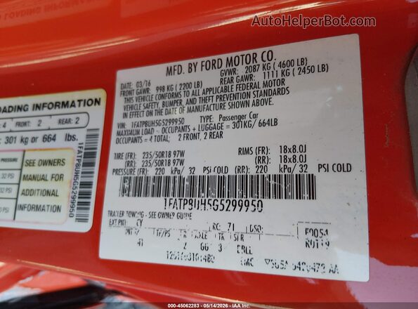 1FATP8UH5G5299950 2016 FORD MUSTANG Оранжевый Вид подкапотного пространства