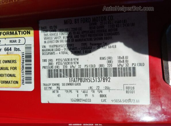 1FATP8UH5L5137892 2020 FORD MUSTANG Red ძრავის განყოფილების ხედი