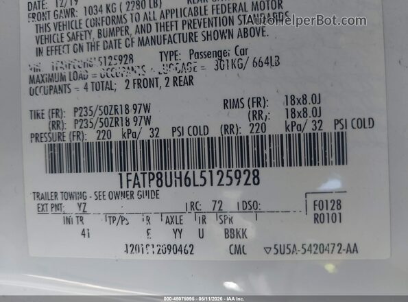 1FATP8UH6L5125928 2020 FORD MUSTANG White 