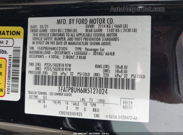 1FATP8UH6M5121024 2021 FORD MUSTANG Black Շարժիչի բաժամունքի տեսք
