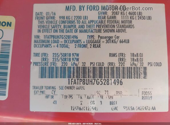 1FATP8UH7G5281496 2016 FORD MUSTANG Orange ძრავის განყოფილების ხედი