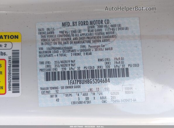 1FATP8UH8G5204684 2016 FORD MUSTANG Белый Вид подкапотного пространства