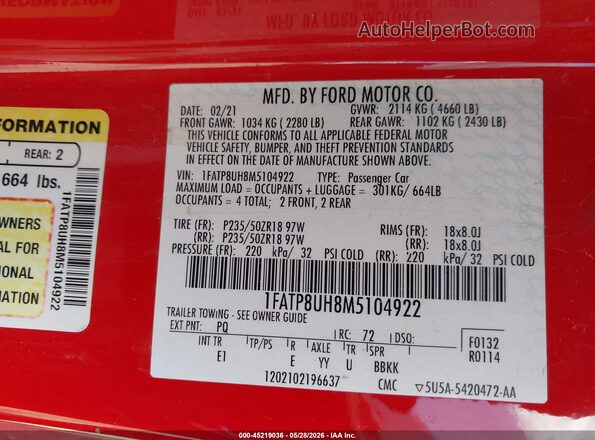1FATP8UH8M5104922 2021 FORD MUSTANG Red Engine compartment view