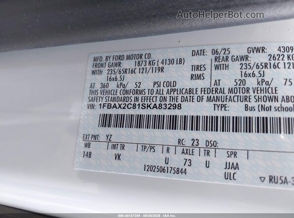 1FBAX2C81SKA83298 2025 FORD TRANSIT-350 White ძრავის განყოფილების ხედი