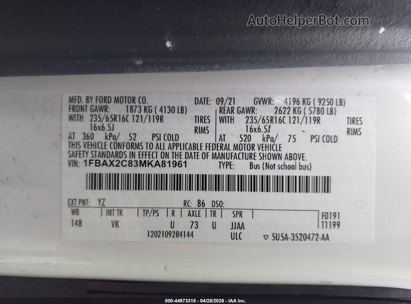 1FBAX2C83MKA81961 2021 FORD PASSENGER White ძრავის განყოფილების ხედი