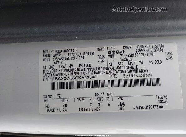 1FBAX2CG6GKA43586 2016 FORD TRANSIT-350 White 