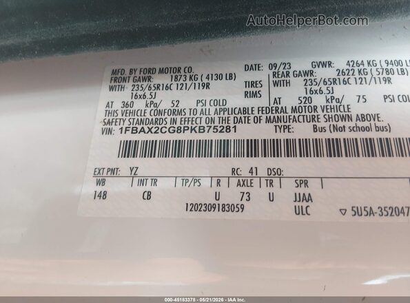 1FBAX2CG8PKB75281 2023 FORD TRANSIT-350 White Vista del compartimento del motor