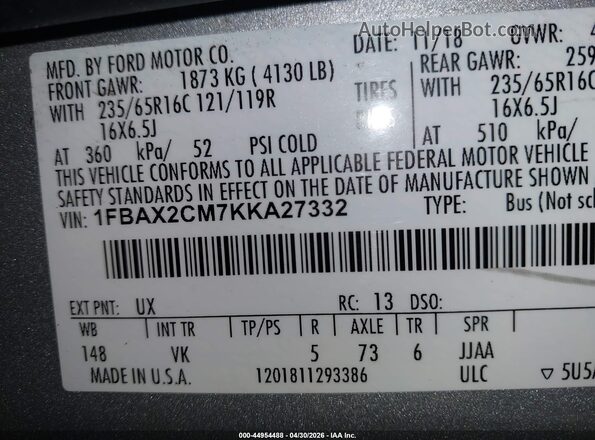 1FBAX2CM7KKA27332 2019 FORD TRANSIT-350 Gray Vista del compartimento del motor