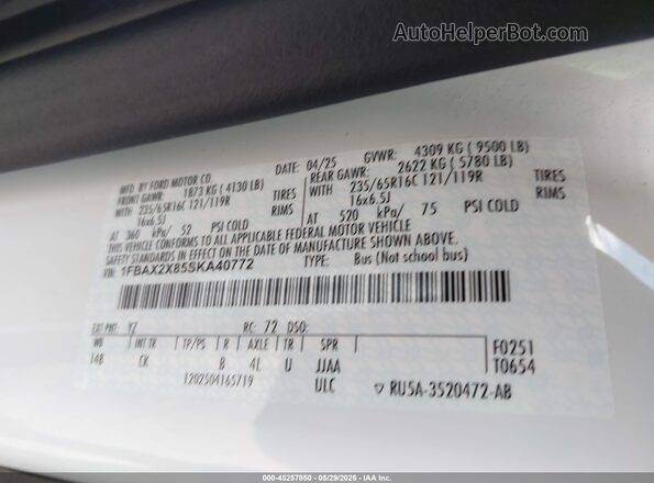 1FBAX2X85SKA40772 2025 FORD TRANSIT-350 White Вид підкапотного простору