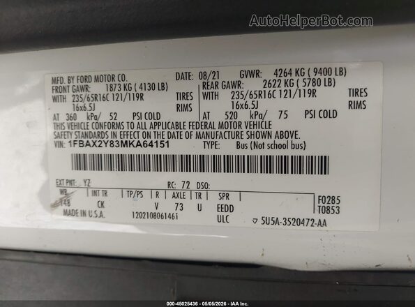 1FBAX2Y83MKA64151 2021 FORD PASSENGER White ძრავის განყოფილების ხედი
