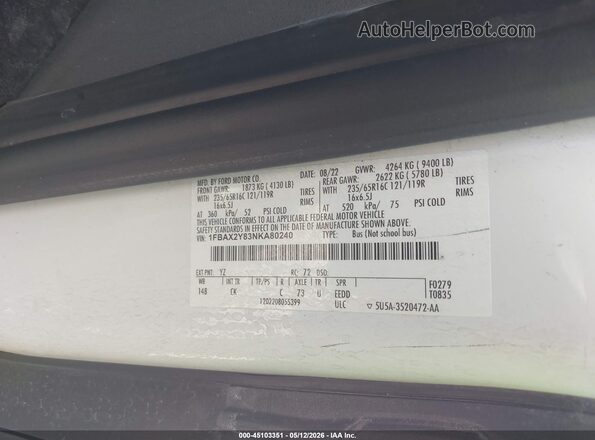 1FBAX2Y83NKA80240 2022 FORD TRANSIT-350 White ძრავის განყოფილების ხედი