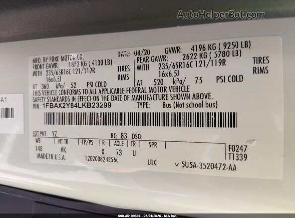 1FBAX2Y84LKB23299 2020 FORD TRANSIT-350 White Вид підкапотного простору