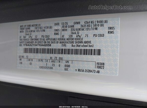 1FBAX2Y84TKA42058 2026 FORD TRANSIT-350 White Շարժիչի բաժամունքի տեսք