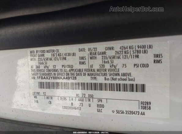 1FBAX2Y88NKA49128 2022 FORD PASSENGER Белый Вид подкапотного пространства