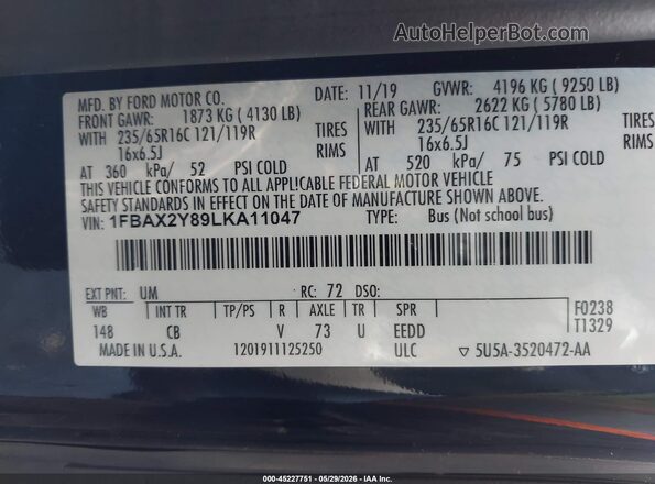 1FBAX2Y89LKA11047 2020 FORD TRANSIT-350 Black Շարժիչի բաժամունքի տեսք