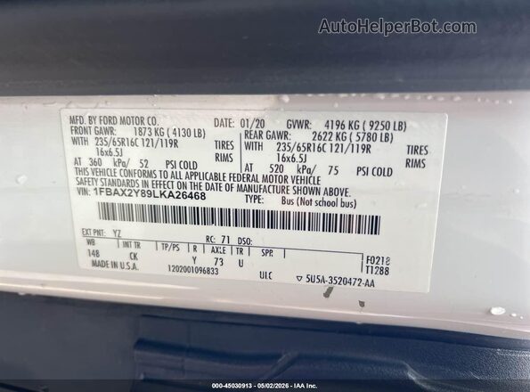 1FBAX2Y89LKA26468 2020 FORD PASSENGER Белый Вид подкапотного пространства