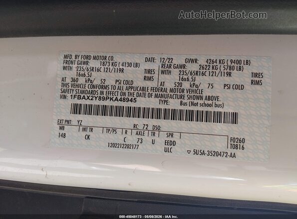 1FBAX2Y89PKA48945 2023 FORD PASSENGER White ძრავის განყოფილების ხედი