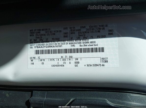 1FBAX2YG5RKA16181 2024 FORD TRANSIT-350 White Շարժիչի բաժամունքի տեսք