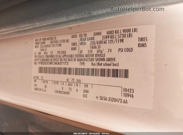 1FBZX2CM7JKA57173 2018 FORD TRANSIT-350 White VIN sticker view