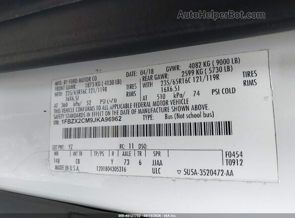 1FBZX2CM9JKA96962 2018 FORD TRANSIT-350 White Engine compartment view