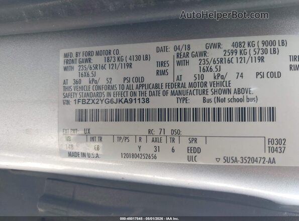 1FBZX2YG6JKA91138 2018 FORD TRANSIT-350 Silver Widok komory silnika