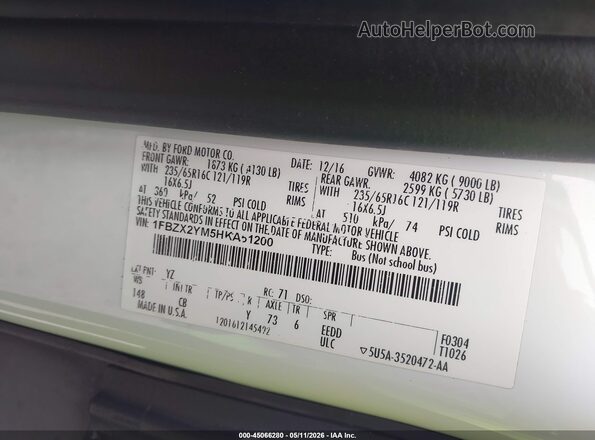 1FBZX2YM5HKA51200 2017 FORD TRANSIT-350 White 