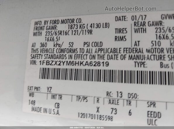 1FBZX2YM6HKA62819 2017 FORD TRANSIT-350 White Widok komory silnika