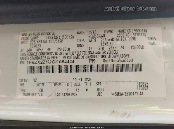 1FBZX2ZM2GKA54424 2016 FORD TRANSIT-350 White 