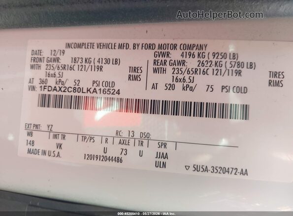 1FDAX2C80LKA16524 2020 FORD TRANSIT-350 White Vista del compartimento del motor