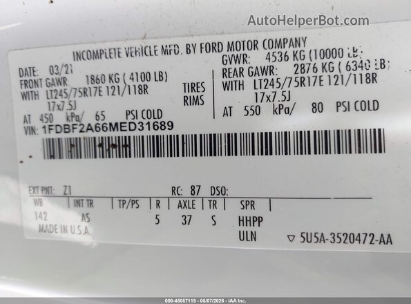 1FDBF2A66MED31689 2021 FORD F-250 White Հետևի աջ