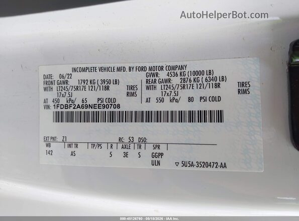 1FDBF2A69NEE90708 2022 FORD F-250 White 