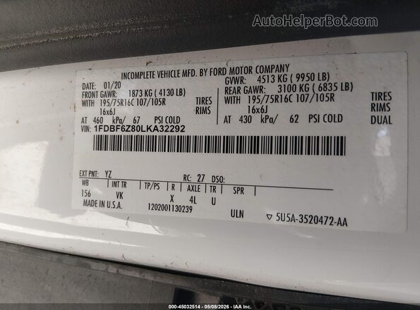 1FDBF6Z80LKA32292 2020 FORD TRANSIT-350 White Շարժիչի բաժամունքի տեսք